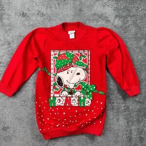 VTG 90s Snoopy Kids Sweater Peanuts Red Fleece Christmas Holiday Ho Ho Sze 6 USA